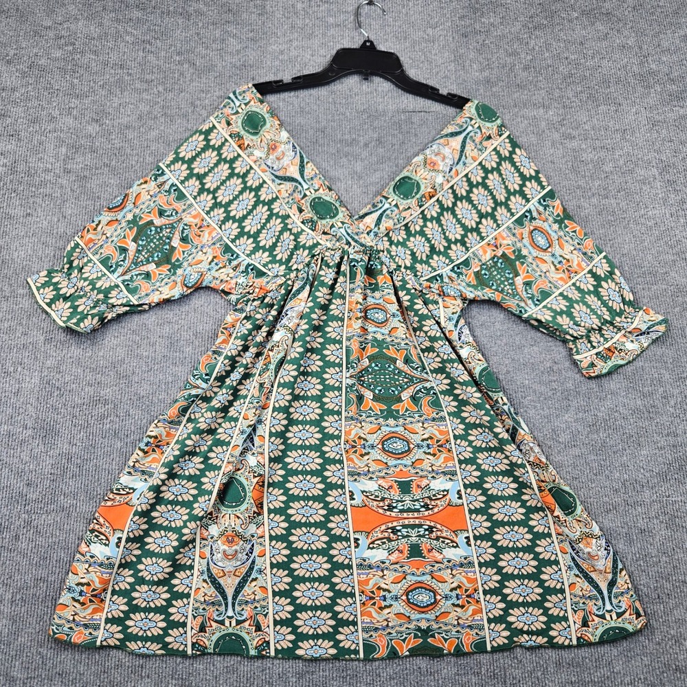 Elings Green Paisley Floral V-Neck Mini Dress Boho Ruffle Sleeve Viscose Small